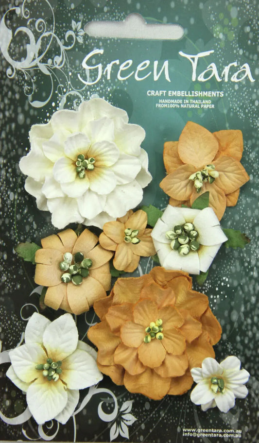 Fantasy Blooms - Pack of 8 Co-ordinated Paper Flowers, OCHRE